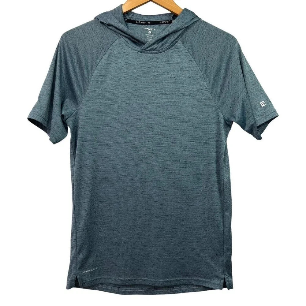 Layer 8 Men's Qwick-Dry Short Sleeve Hooded T-shirt Blue Grey Size M Medium